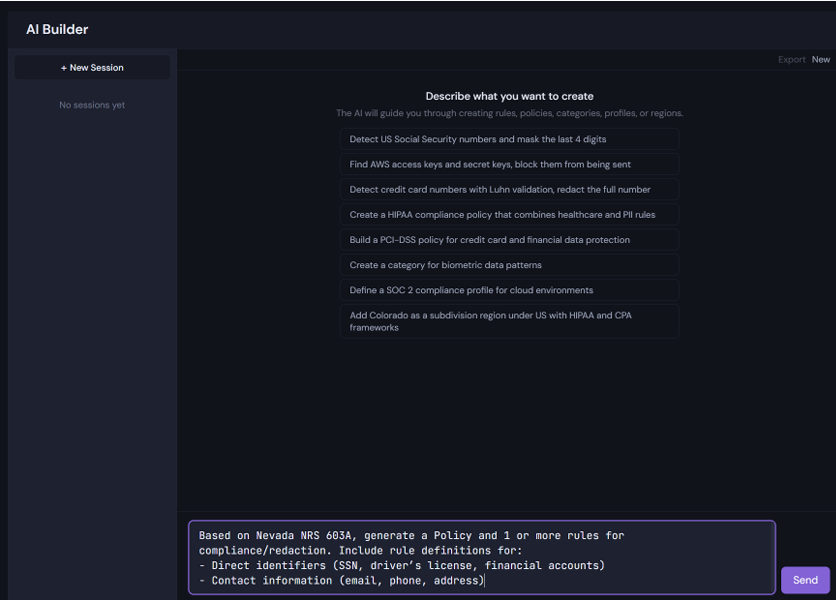 AI Builder — describe compliance needs in natural language to generate rules