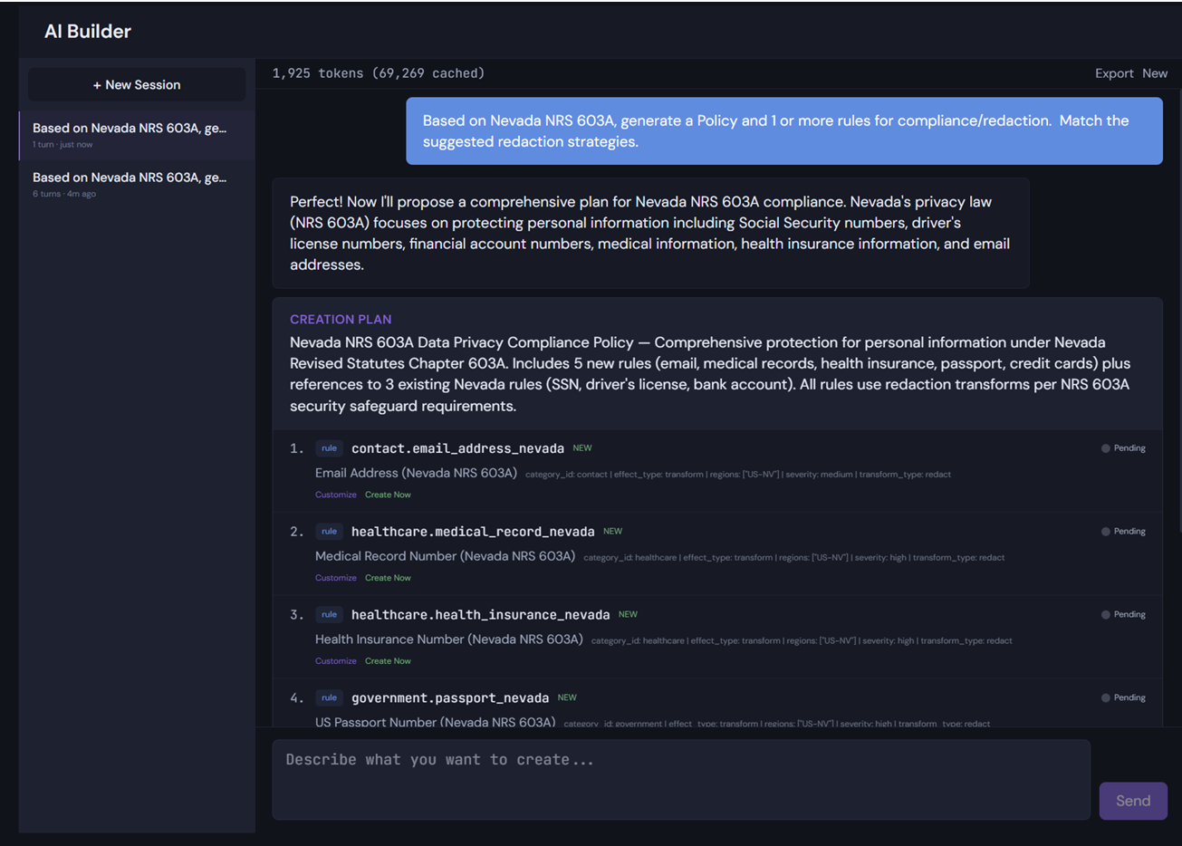 AI Builder — schema-compliant rule and policy output ready to import