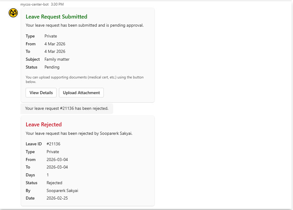 Leave rejection notification sent to employee in Teams