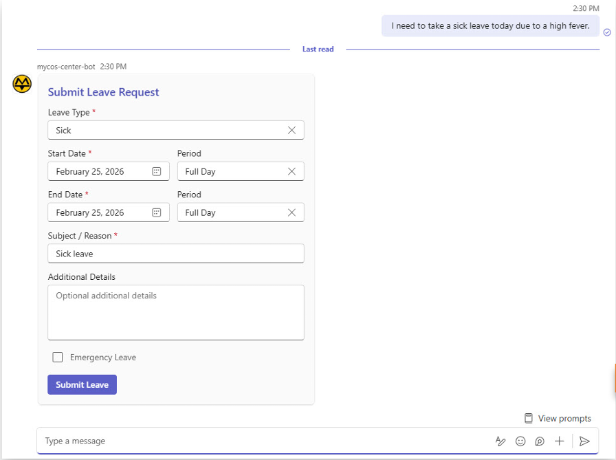 AI-generated leave request form in Microsoft Teams