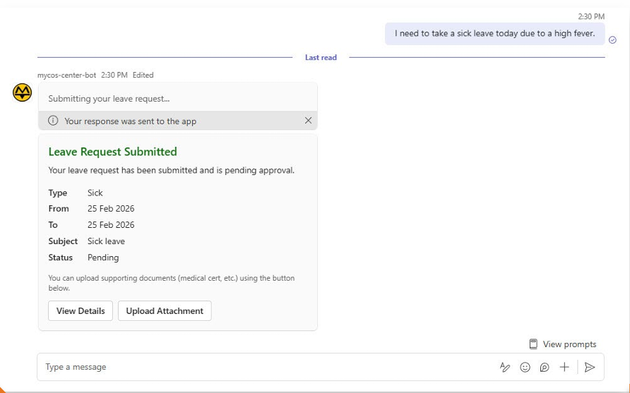 Leave submitted with pending status and document upload options