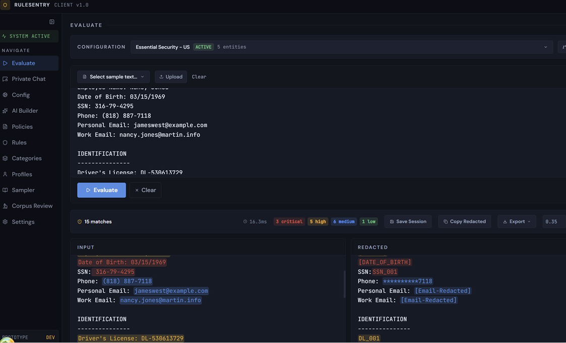 RuleSentry Selective Validation — NRIC evaluate screen
